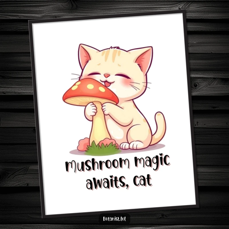 Funny Free Printable Wall Art: Giggling cat curiously touching a vibrant, glowing mushroom, whimsical downloadable art.