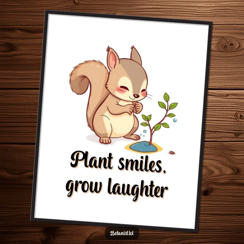 Funny Free Printable Wall Art: A curious squirrel focused on watering a very small, developing sapling.