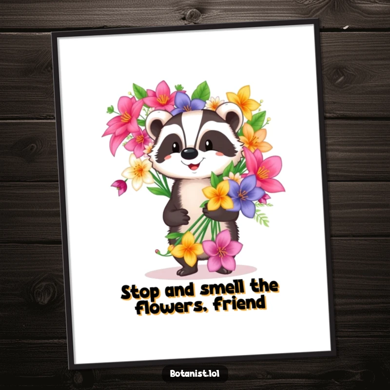 Funny free printable wall art featuring a happy badger proudly carrying a massive bouquet of exotic flowers with a proud smile.