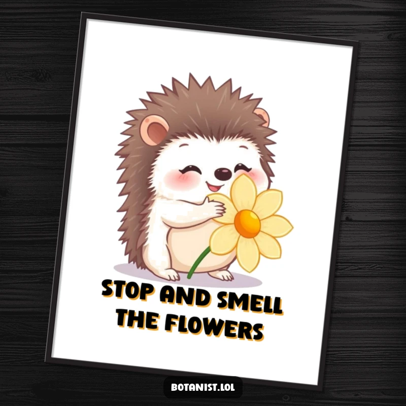 Funny Free Printable Wall Art: Happy hedgehog tenderly hugging a beautiful flower, radiating warmth and affection.