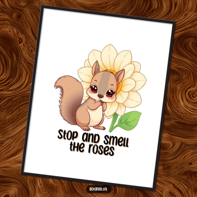 Funny Free Printable Wall Art: a squirrel with wide eyes examining an enormous, vibrant, blooming flower.