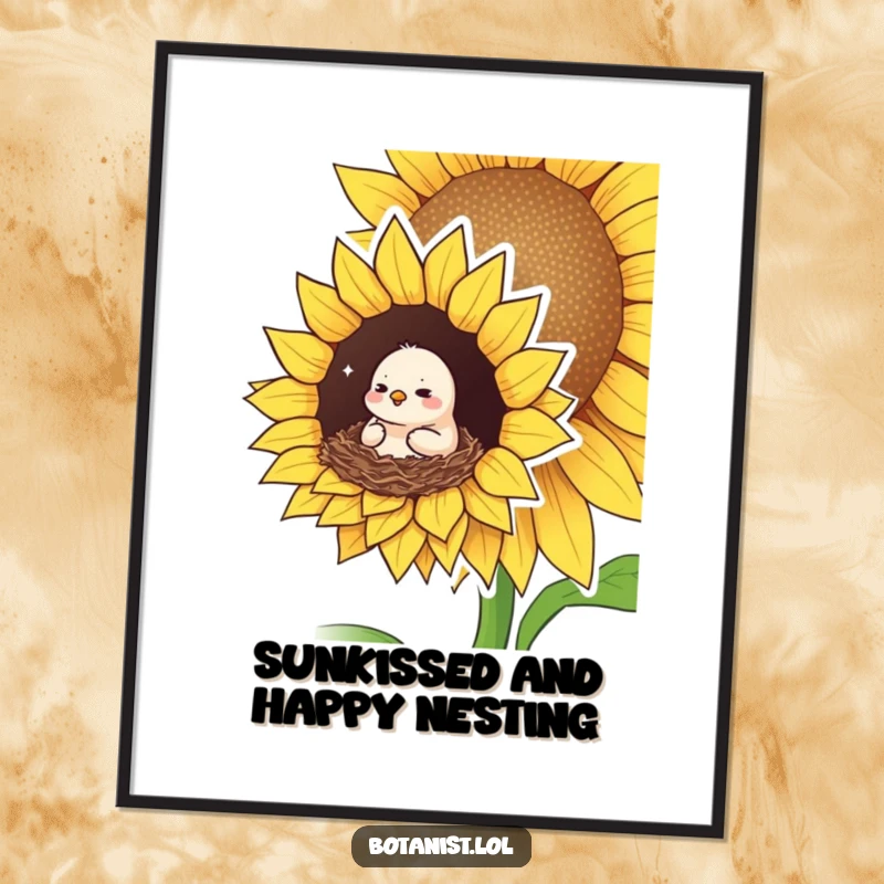 Funny Free Printable Wall Art: A small bird looks perfectly pleased and cozy, nestled deep within the giant petals of a sunflower.