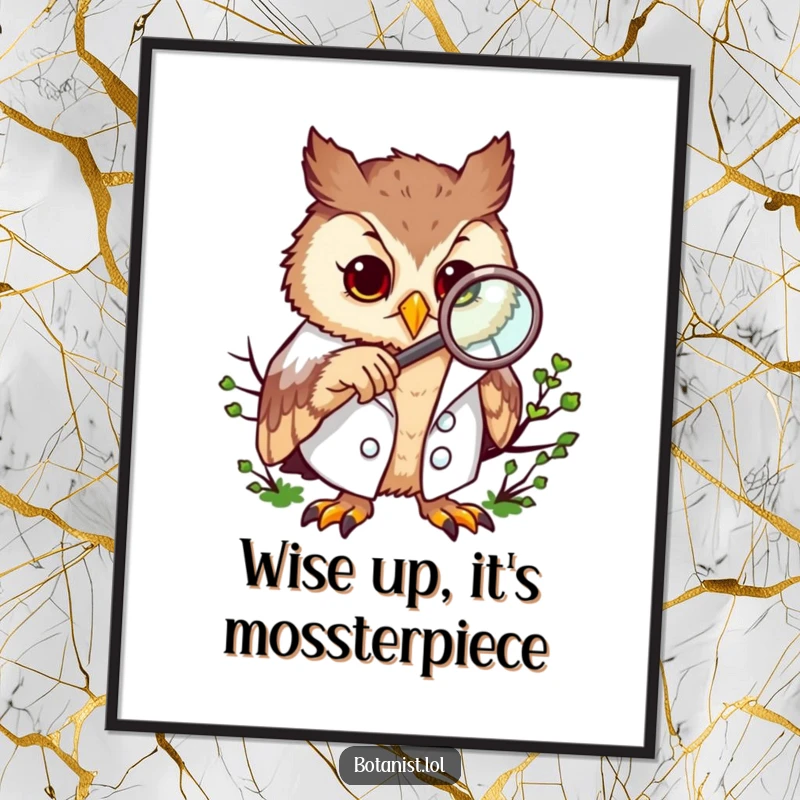 Funny Free Printable Wall Art: Curious owl in a lab coat intently examining moss with a magnifying glass, adding quirky decor.