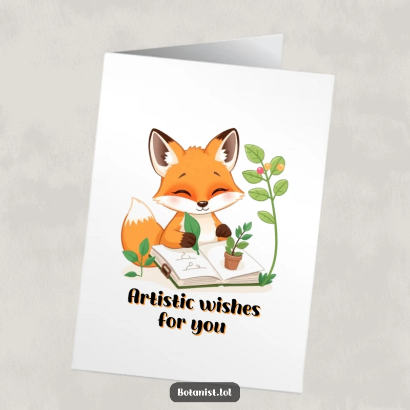 Funny Free Printable Birthday Card: A happy fox artist with a leaf sketches plants in a sketchbook, celebrating their special day.