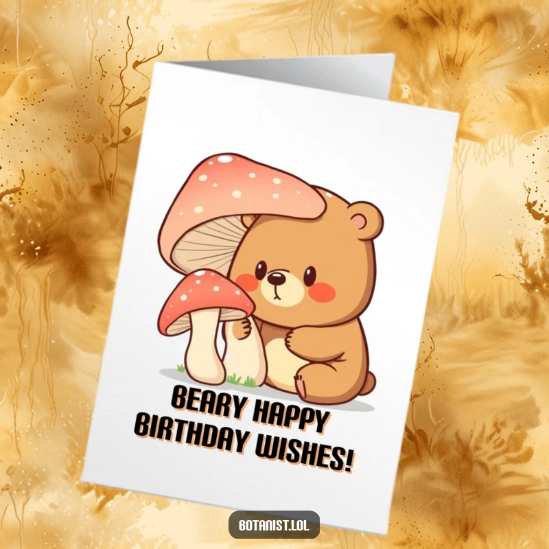 Funny Free Printable Birthday Card: A surprised bear with a curious look inspects an enormous, fantastical mushroom.