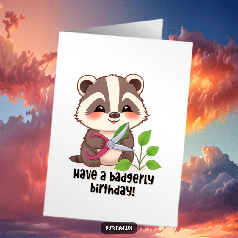 Funny Free Printable Birthday Card: A smiling badger gently prunes a leaf with small shears, tending to birthday wishes.