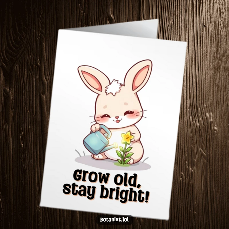 Funny Free Printable Birthday Card: Cheerful bunny determinedly watering a tiny, glowing flower, wishing a happy blooming birthday.