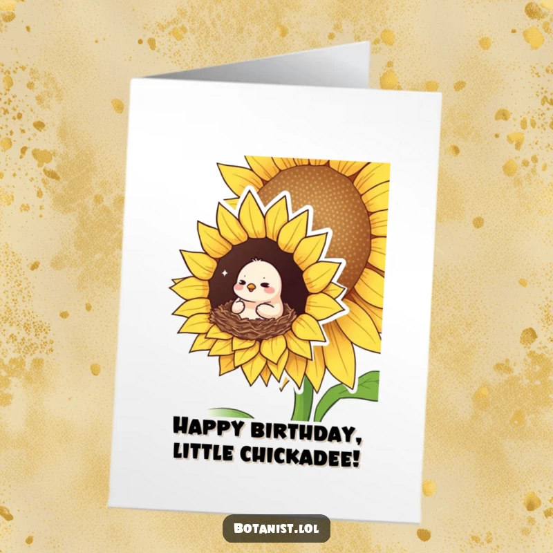 Funny Free Printable Happy Birthday card: A small, pleased bird nests cozily inside a giant sunflower, looking content and happy.