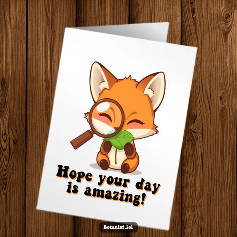 Funny Free Printable Happy Birthday card: A curious fox uses a magnifying glass to examine a dewdropped leaf with intense focus.