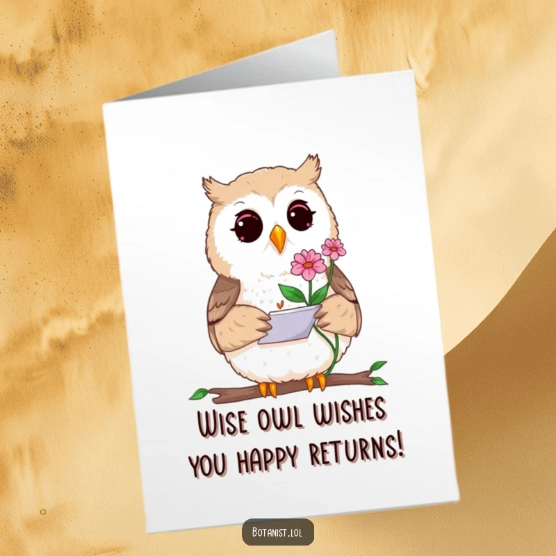 Funny Free Printable Birthday Card, a curious owl artist sketching a rare bloom on a notepad with a birthday greeting.