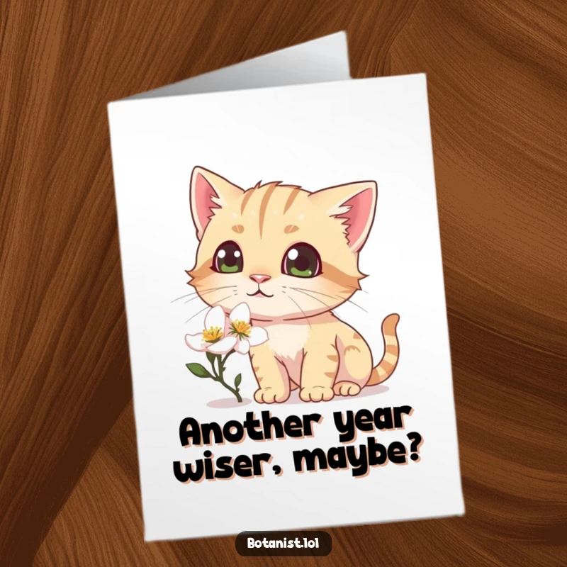 Funny Free Printable Birthday Card: Curious cat sniffing a bright flower, eyes wide with pure, hilarious joy. Perfect DIY gift.