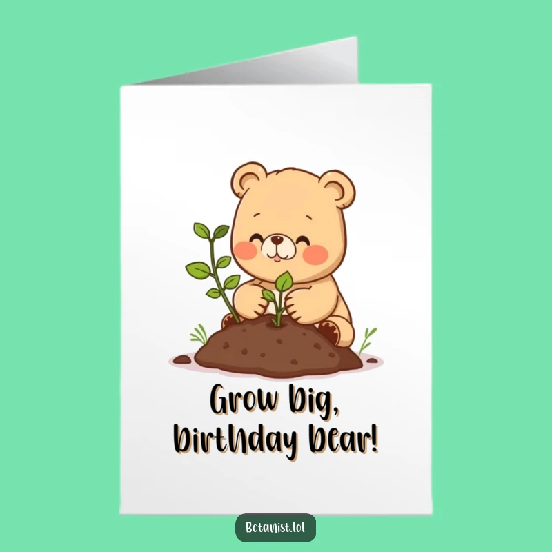 Free Printable Birthday Card: Happy Bear Cub Planting Joy, Downloadable Gift for Gardeners