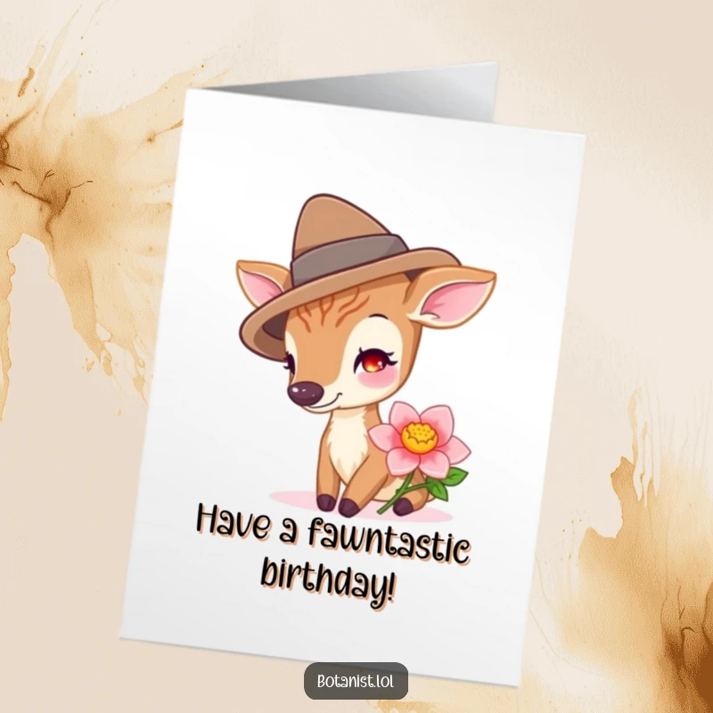 Funny Free Printable Birthday Card: A happy deer in a hat gently sniffs a freshly cut, vibrant blossom.