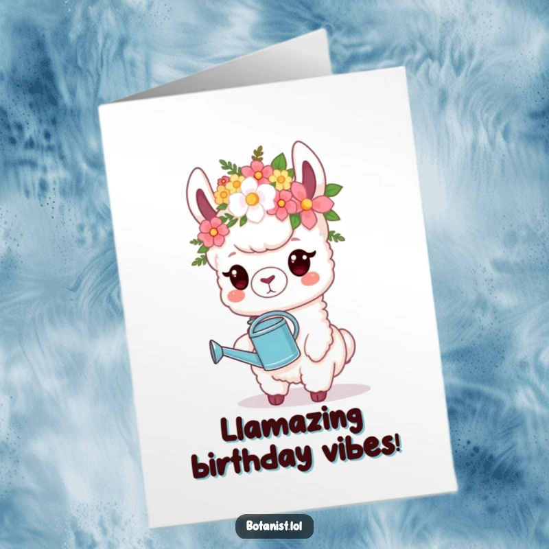 Funny Free Printable Birthday Card: Proud llama dons a flower crown, holding a watering can, a regal DIY greeting.