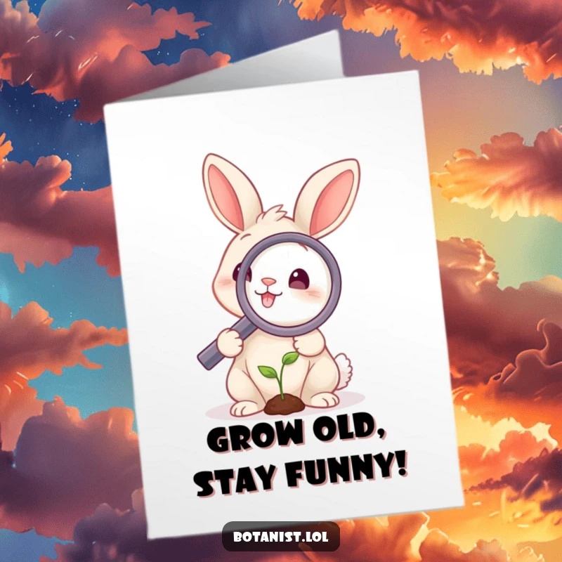 Funny Free Printable Birthday Card: A smiling rabbit peers intently through a large magnifying glass at a minuscule green sprout.