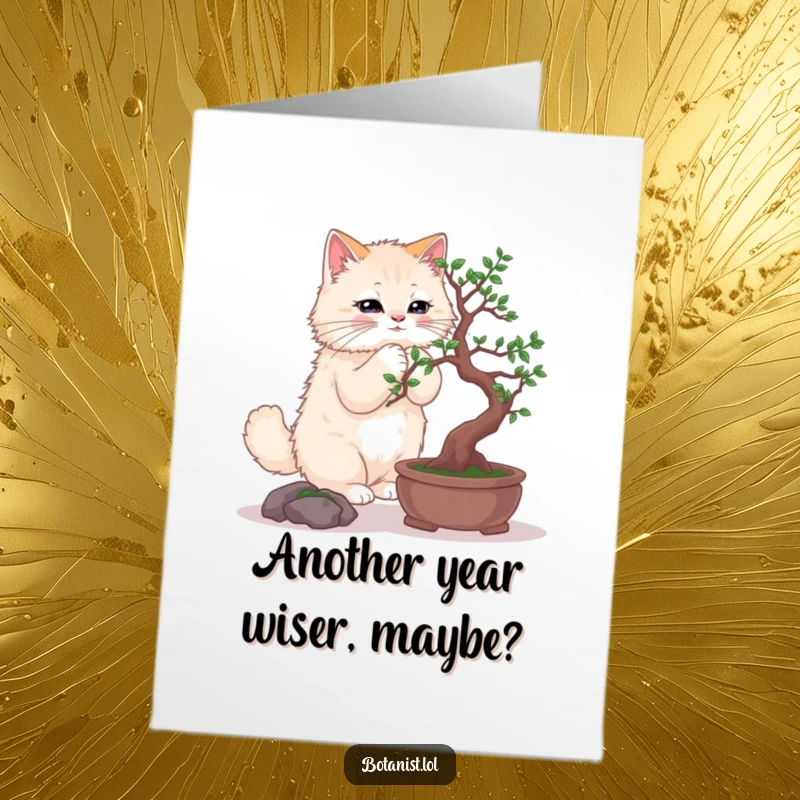 Funny Free Printable Birthday Card: Fluffy cat meticulously pruning a tiny bonsai tree with intense focus.