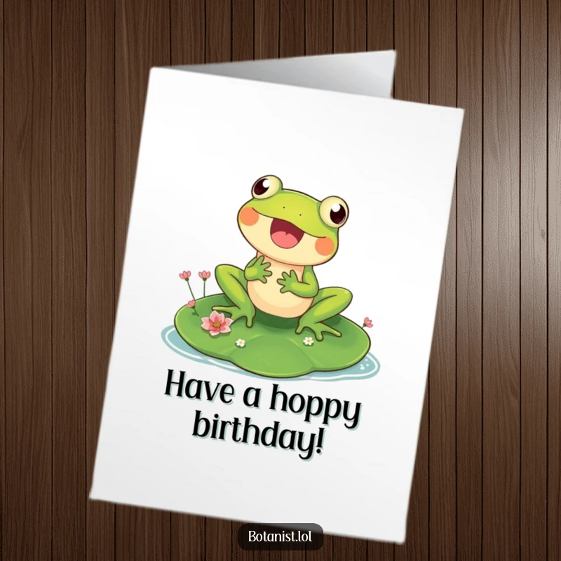 Funny Free Printable Frog Birthday Card: A delighted frog inspects tiny flowers on a giant lily pad, spreading birthday cheer.
