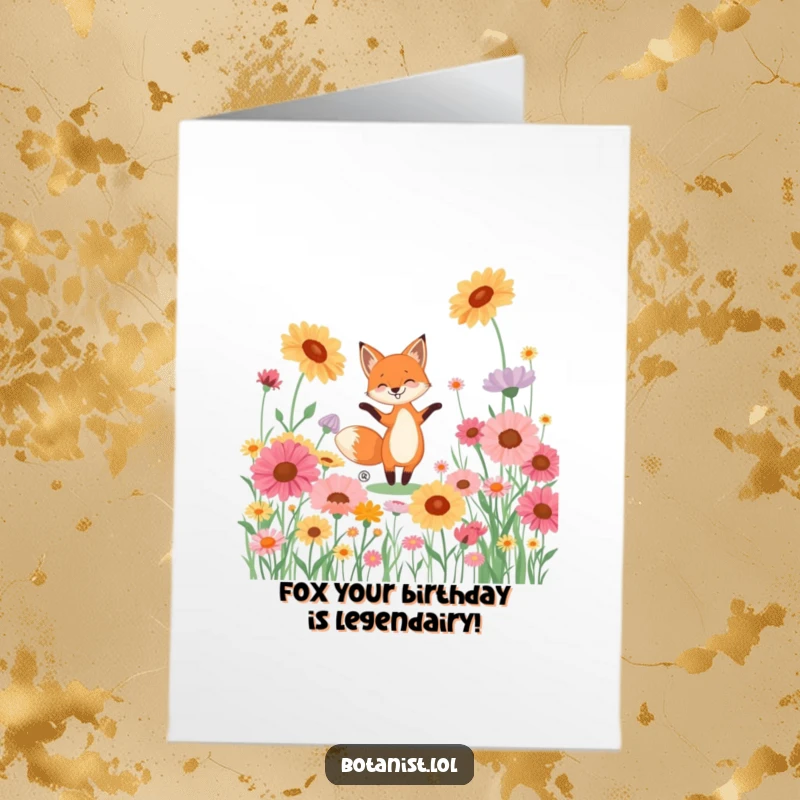 Funny Free Printable Birthday Card: A playful fox dances joyfully among oversized, vibrant wildflowers, celebrating a special day.