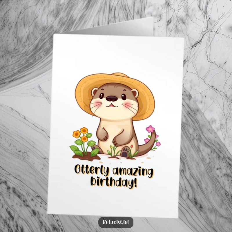 Funny Free Printable Birthday Card: Playful otter in a sunhat happily gardening with enthusiasm.