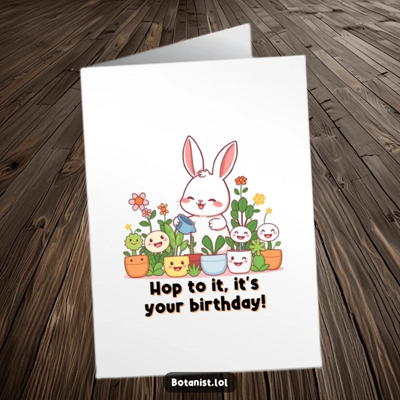 Funny Free Printable Birthday Card: a giggling rabbit happily watering oversized, smiling plants in a garden.