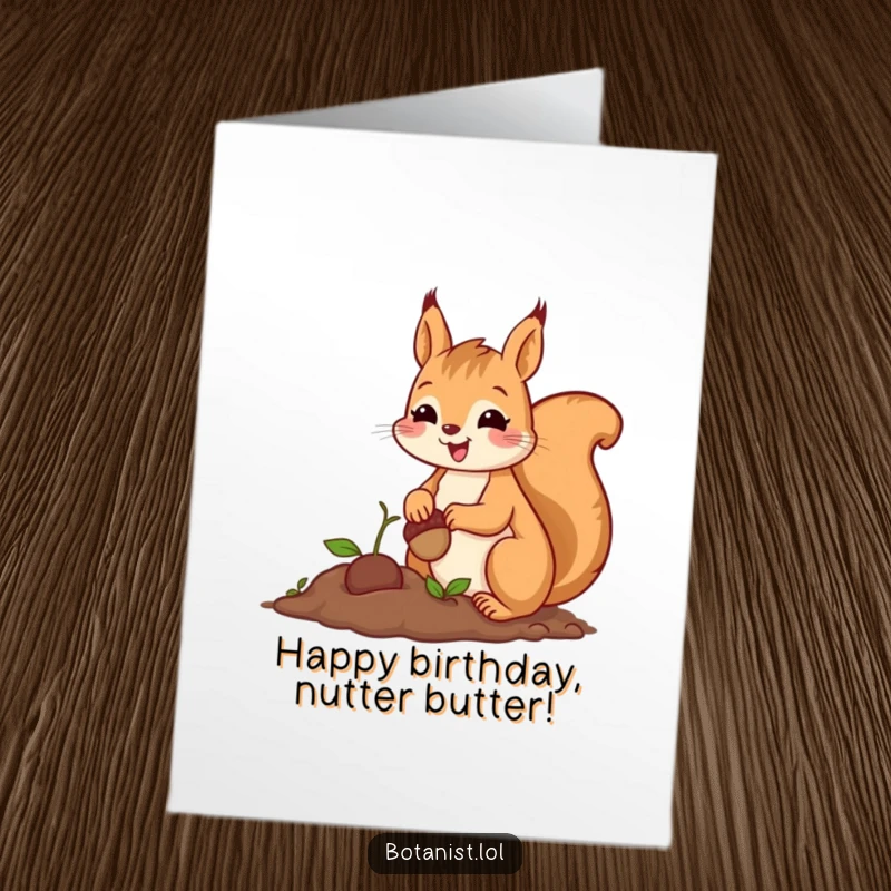 Funny Free Printable Birthday Card: Cheerful squirrel proudly plants a tiny acorn with great care, celebrating a birthday moment.
