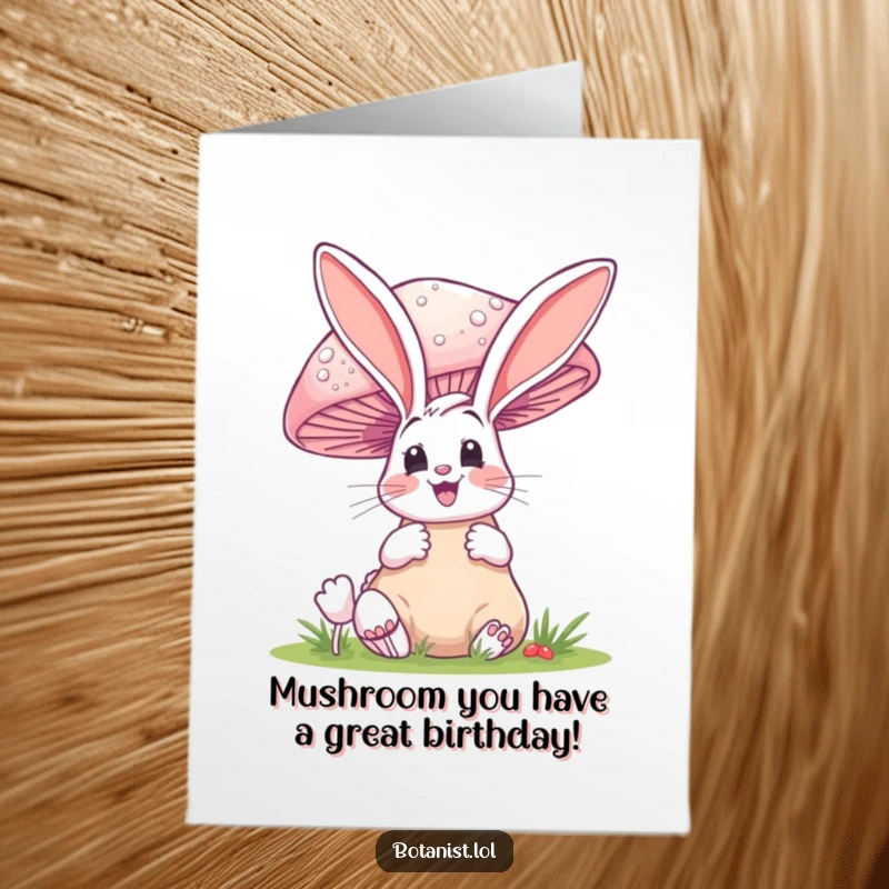 Funny Free Printable Birthday Card: Bunny gasps in delight at a colossal mushroom, perfect for a whimsical celebration.