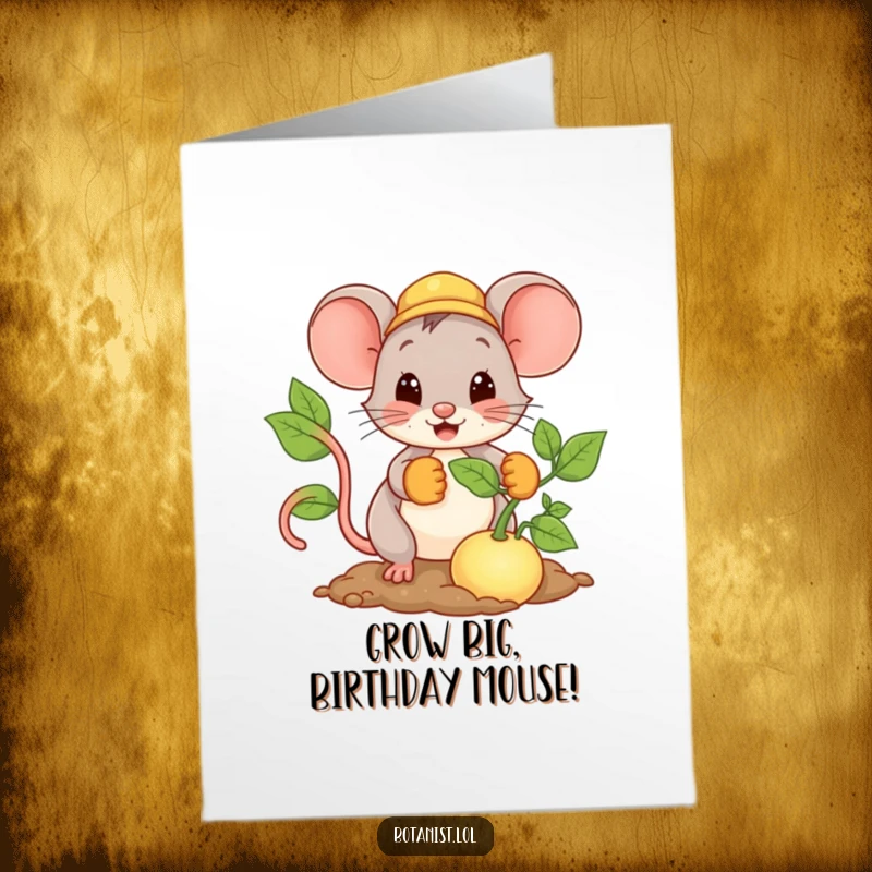 Funny Free Printable Birthday Card: A mouse in gloves happily planting a comically giant seed.