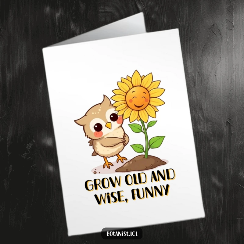 Funny Free Printable Owl Birthday Card: Wise owl planting a seed that sprouts a giggling sunflower, a unique downloadable greeting.