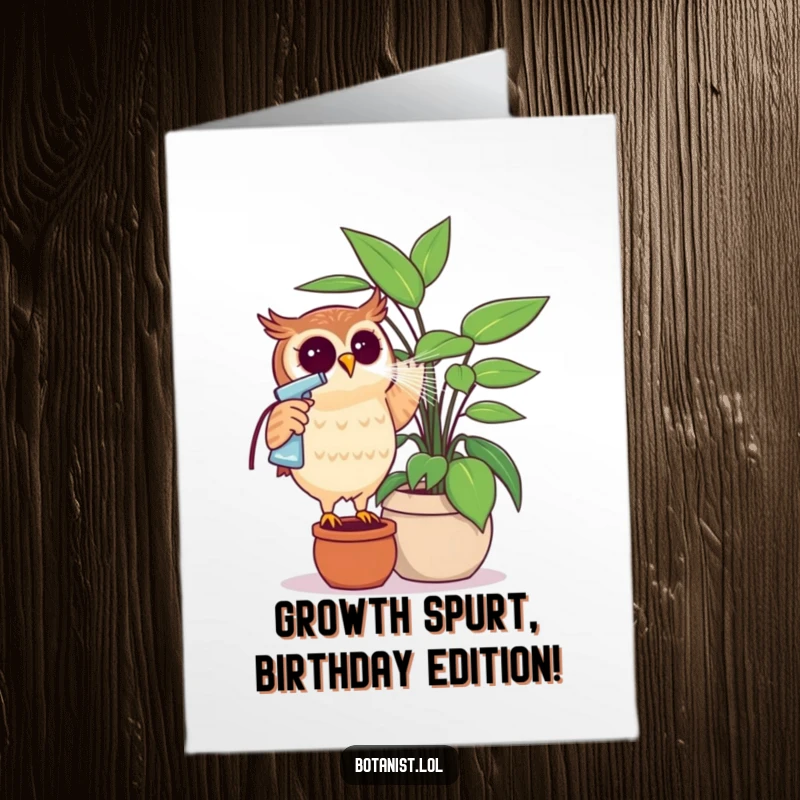 Funny Free Printable Birthday Card: Curious owl enthusiastically misting a giant potted plant, bringing greenery to life.
