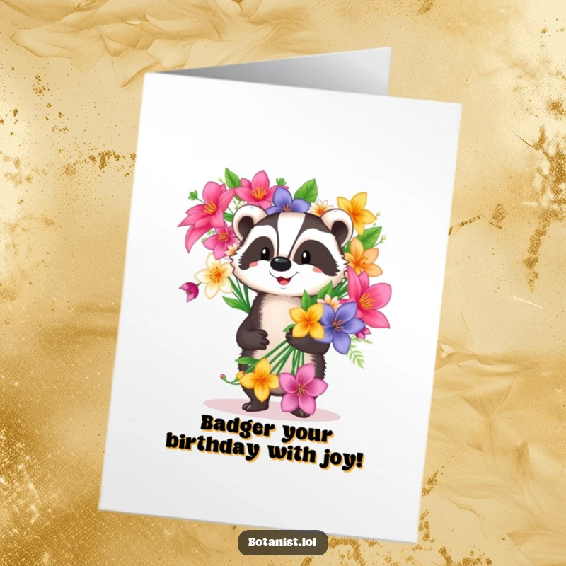 Funny free printable birthday card featuring a happy badger proudly carrying a large bouquet of exotic flowers, smiling.