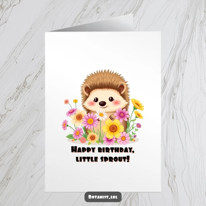 Funny Free Printable Birthday Card featuring a contented hedgehog peacefully admiring a vibrant bouquet of colorful wildflowers.