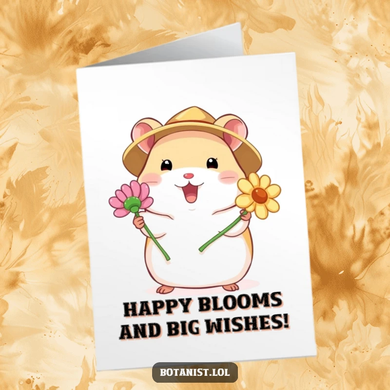 Funny Free Printable Happy Birthday card: A chubby hamster in a straw hat happily presents a bright, blooming flower.