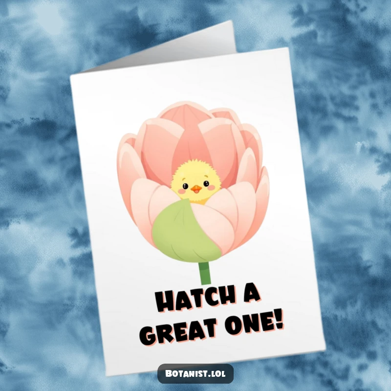 Funny Free Printable Birthday Card: Fluffy chick peeking out of a giant, vibrant tulip, looking adorably mischievous. Great DIY gift.