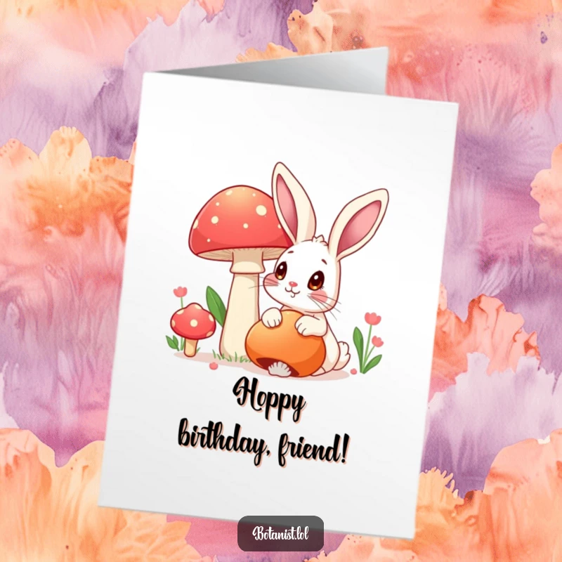 Funny Free Printable Birthday Card: A rabbit looks with awe at a huge, colorful mushroom, celebrating their special day.