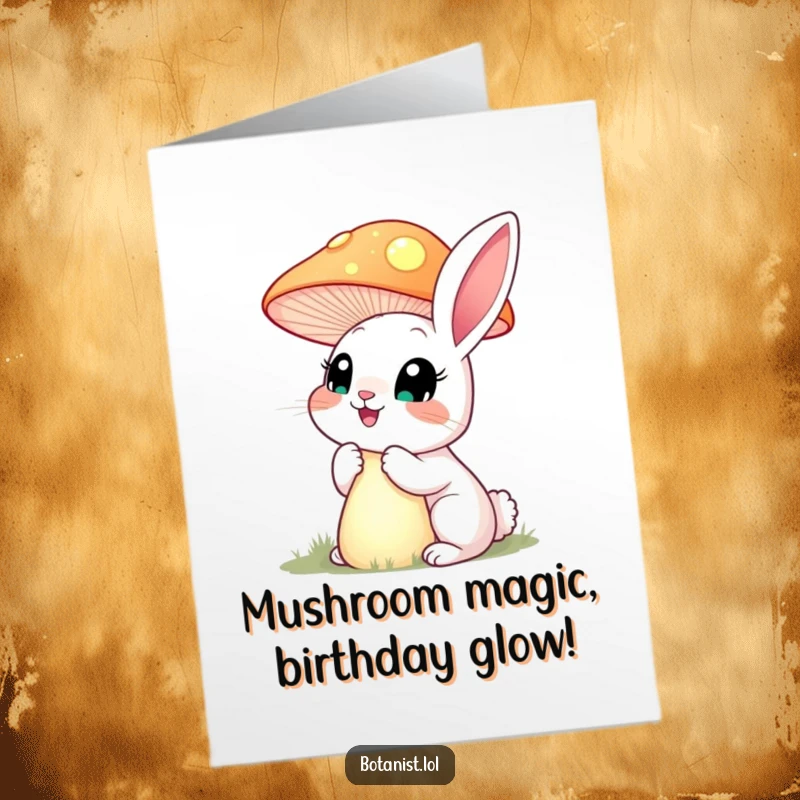 Funny Free Printable Birthday Card: A happy rabbit with wide eyes inspects a towering, brightly glowing mushroom, full of curiosity.