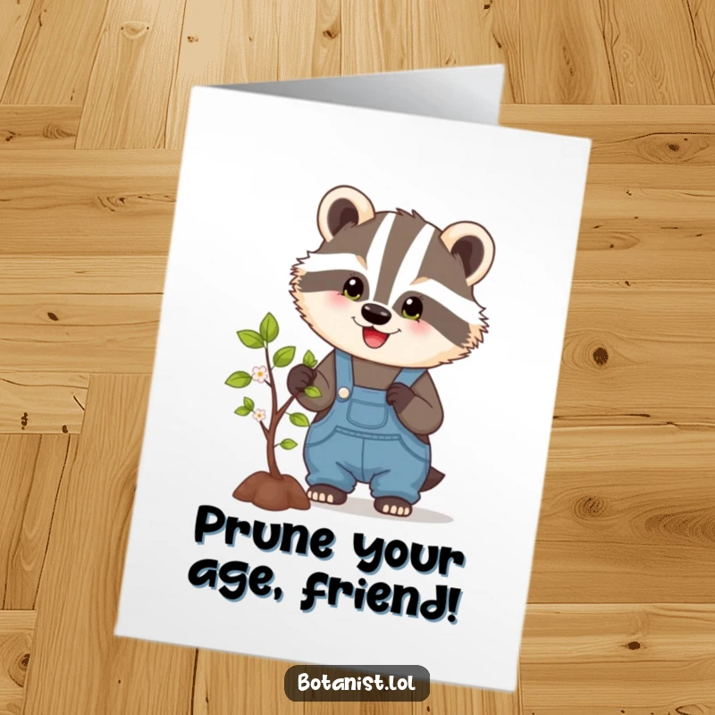 Funny Free Printable Badger Birthday Card: A happy badger in overalls prunes a tiny tree, celebrating a birthday with growth.