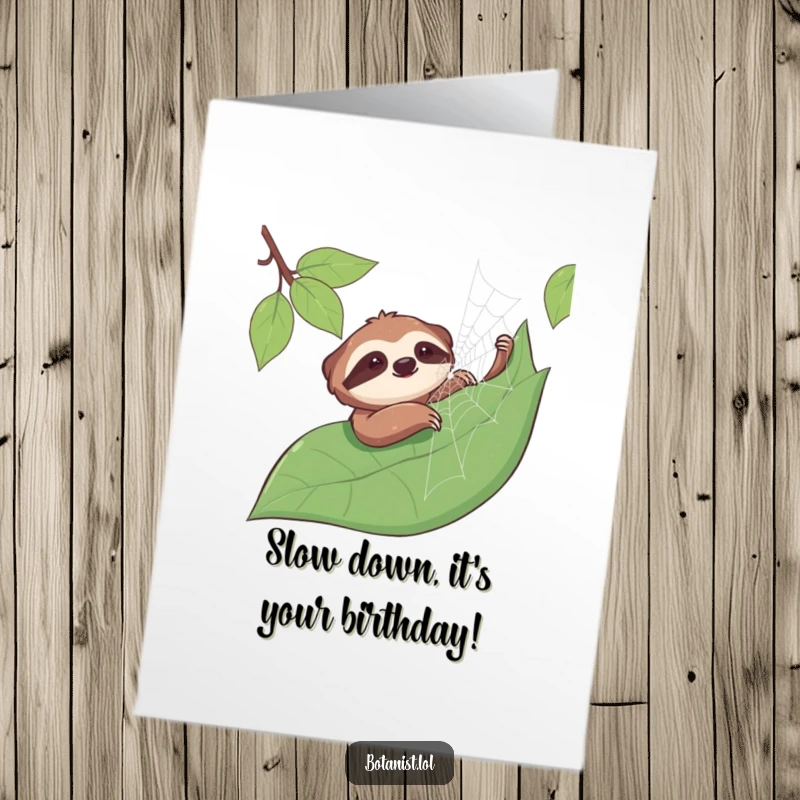 Funny Free Printable Birthday Card: Smiling sloth gently touching a spiderweb, peaceful birthday wishes, downloadable greeting.