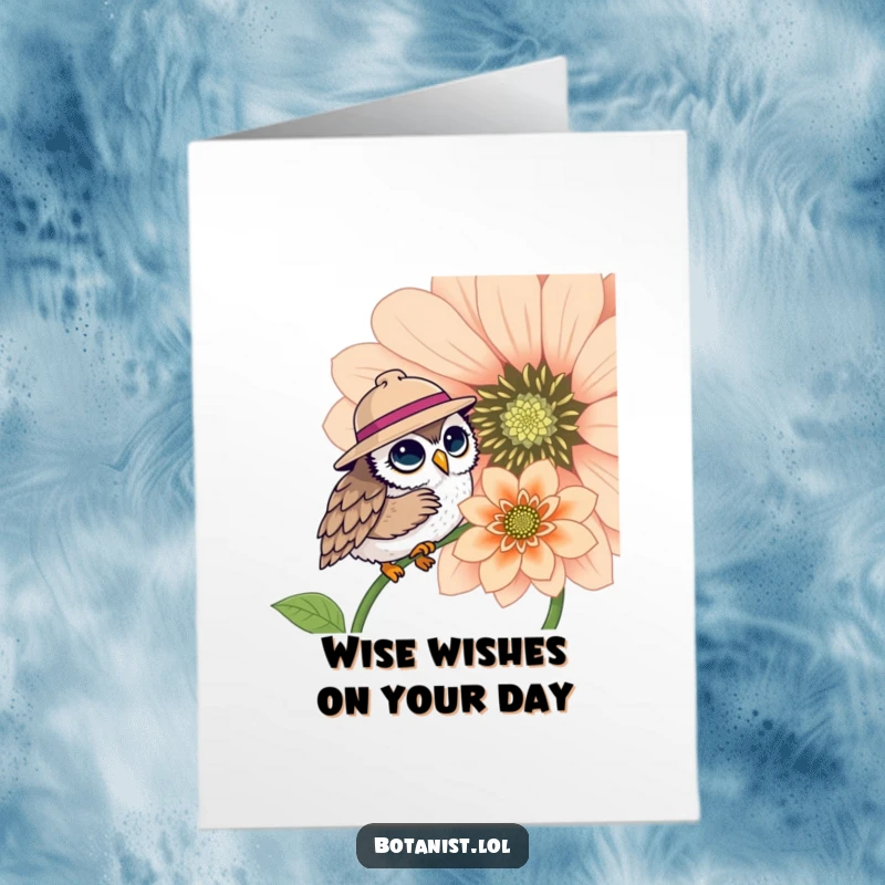 Funny Free Printable Birthday Card: A cute owl in a hat curiously inspects a large, vibrant blooming flower, wishing a happy birthday.