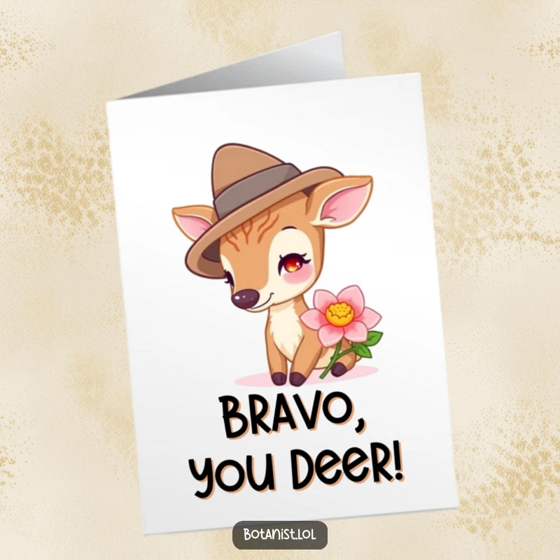 Funny Free Printable Congratulations Card: A deer wearing a stylish hat pauses to appreciate a freshly cut, vibrant flower.