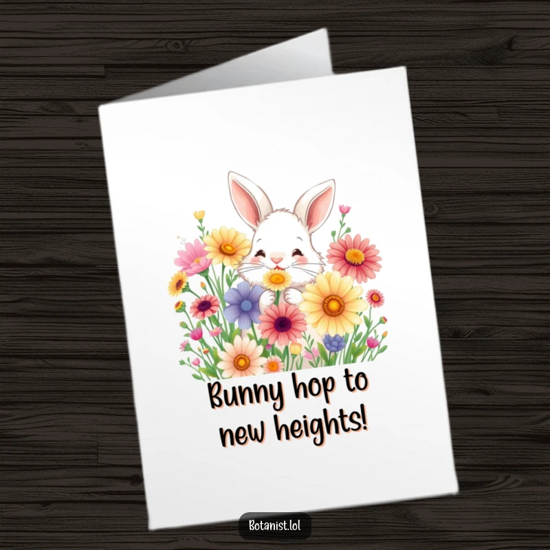 Funny Free Printable Congratulations Card: Happy bunny sniffing a bouquet of oversized wildflowers, celebrating new achievements, perfect downloadable gift.