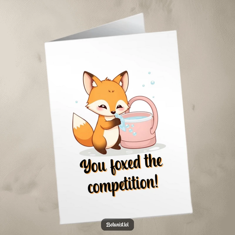 Funny free printable congratulations card showing a curious fox enjoying bubbly water from a watering can, celebrating success.