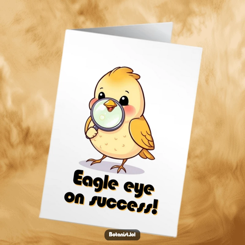 Funny Free Printable Congratulations Card: A happy bird inspects a dewdrop with a magnifying glass, noticing success.