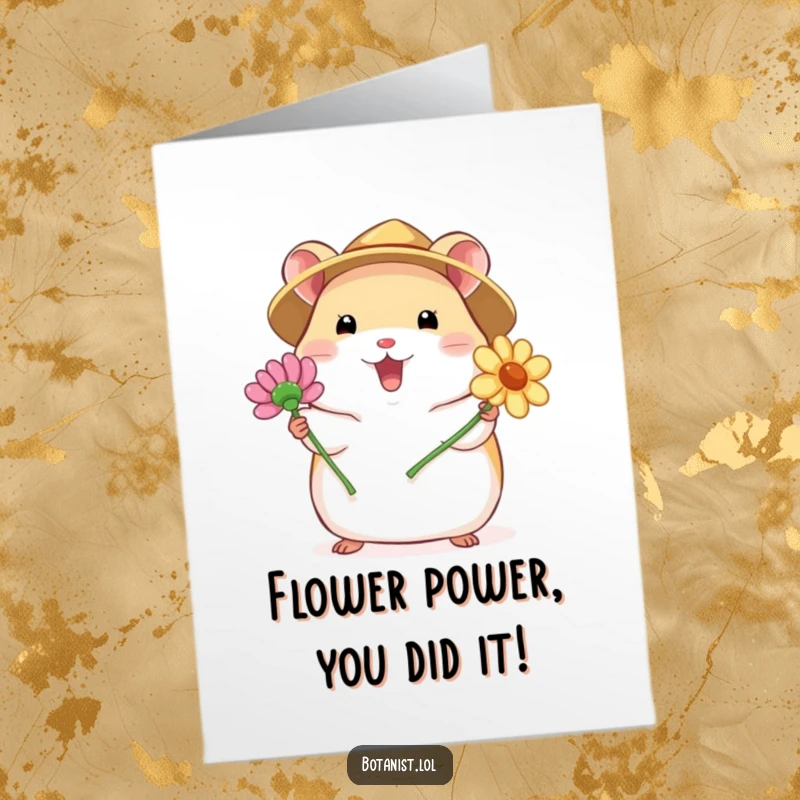 Funny Free Printable Congratulations card: A chubby hamster wearing a straw hat excitedly offers a blooming flower as a gift.