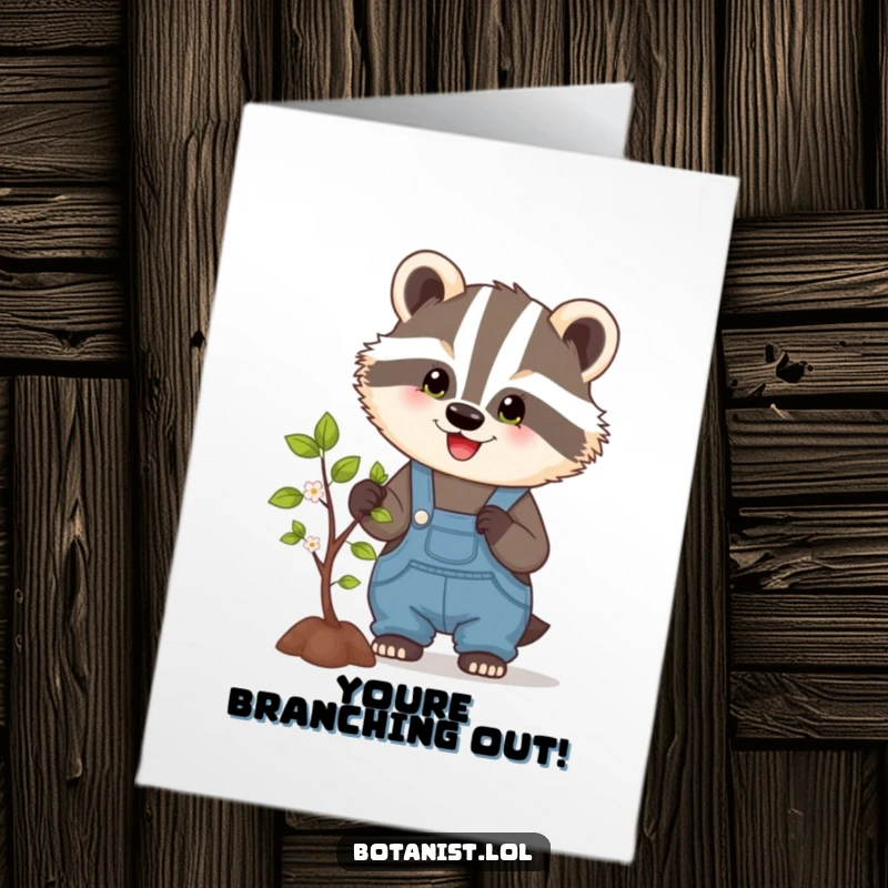 Funny Free Printable Badger Congratulations Card: A badger in overalls tends to a blossoming tree, signifying growth and achievement.