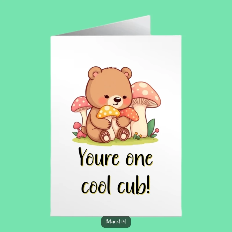 Free Printable Congrats Card: Bear Cub Tending Mushrooms, Downloadable Gift!