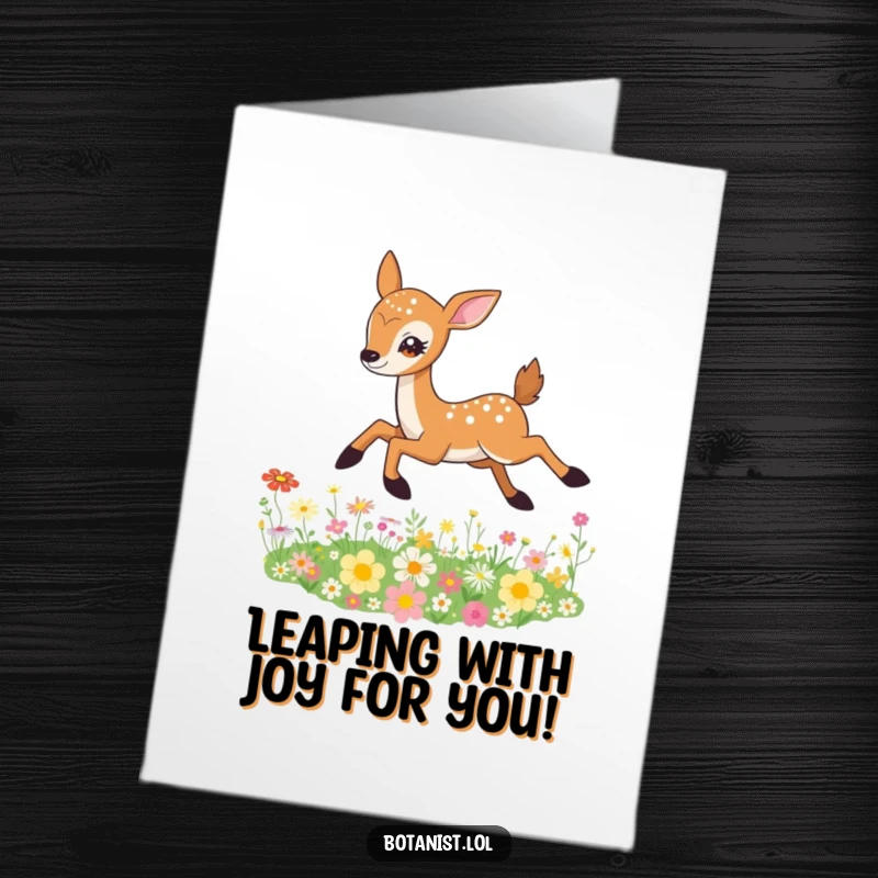 Funny Free Printable Congratulations Card: A deer joyfully leaping over a field of wildflowers, eyes shining.