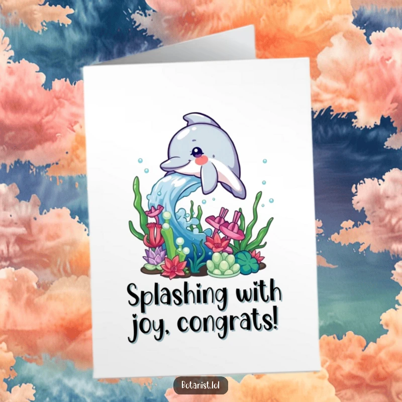 Funny Free Printable Congratulations Card: A dolphin joyfully splashing water onto lush aquatic plants.