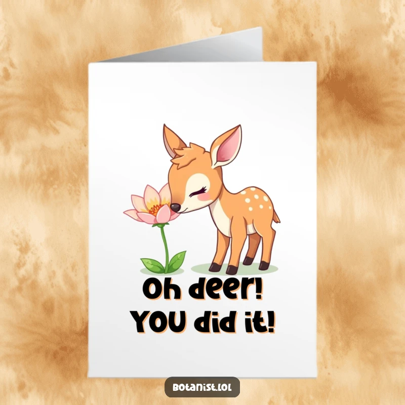 Funny Free Printable Congratulations Card: Deer gently sniffs a sparkling flower, a symbol of delightful achievement.