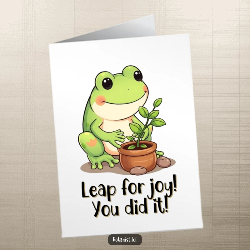 Funny Free Printable Congrats Card: A playful frog carefully tends a tiny sapling, representing nurturing success and congratulations with humor.