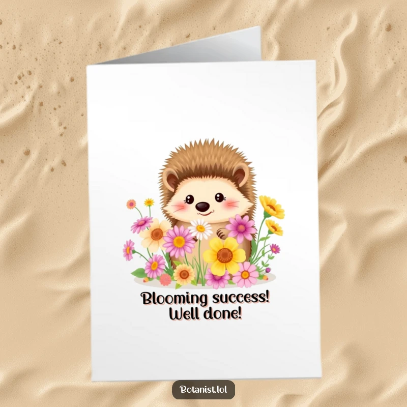 Funny Free Printable Congratulations Card showing a happy hedgehog appreciating a lovely collection of colorful wildflowers.